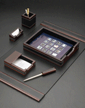 6 Piece Black and Wood Leather Desk Blotter Set,Wood and Black Leather Executive Desk Set